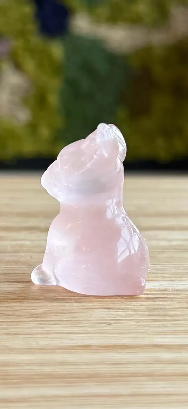 Natural Rose Quartz Hand-Carved French Bulldog Figurine
